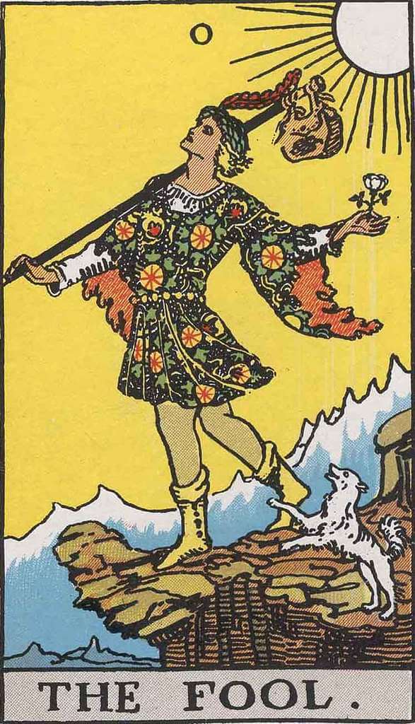 Rider Waite tarot card depicting The Fool Major Arcana card
