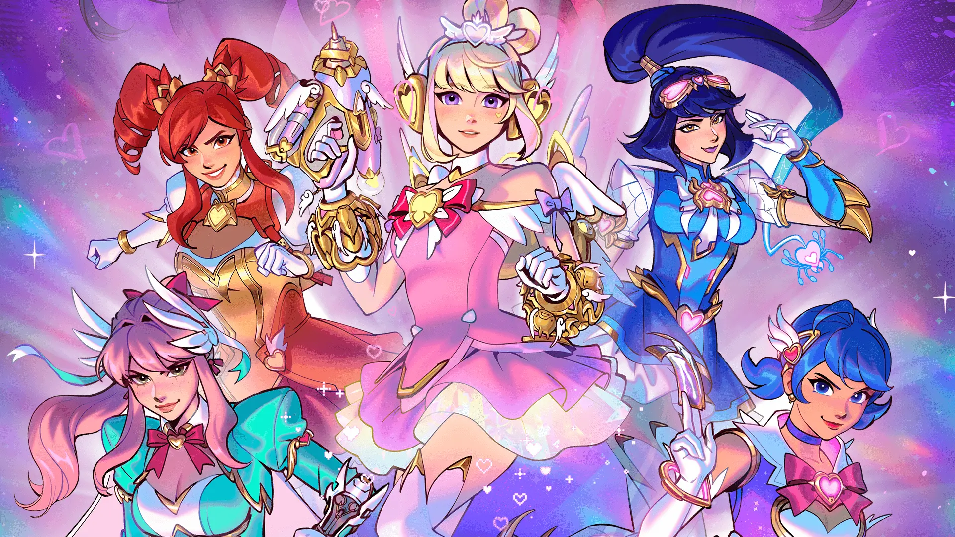 Five characters from Overwatch in an anime style. Each of them are dressed in a vibrant, magical girl-themed outfit with colourful and sparkly designs, hairstyles, and weapon-like accessories. The background is a dreamy, iridescent purple and pink swirl with hearts and sparkles.