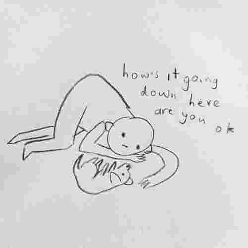 Line drawings of a person lying on the floor next to a dog with the text 'How's it going down here? Are you OK?'